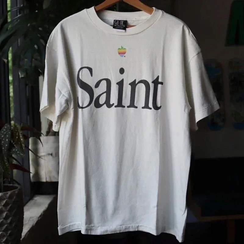 Men Woman Best Quality Saint T Shirt Rainbow Apple Letter Printing Wash Vintage O-Neck Loose Casual Tops Tee