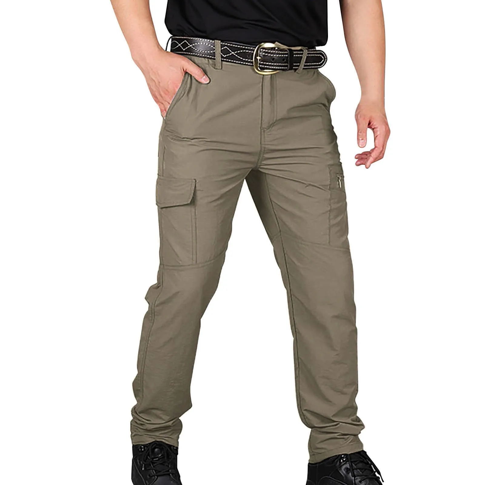 Mens Cargo Pants Solid Color Elastic Waist Trousers Waterproof Quick Dry Fitness Business Hiking Outdoor Sports Trousers Male