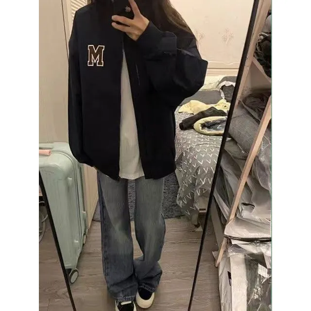 

Retro American Pilot Jaet Outerwear ex Spring Loose Couple Student Baseball orm Top Trendy Printed Youth Faion