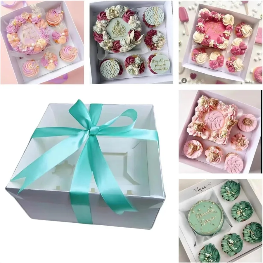 

Bento Cake and Cupcake Box 2in1 4inch Cake and 5 Cupcakes Box 5 Sets with One Wide Roll of Ribbon for Family Dinner Birthday Pa