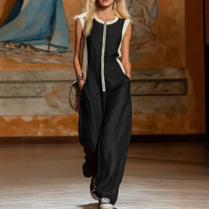 

Casual O Neck Wide Leg Jumpsuit Women Summer Zipper Sleeveless Vintage Elegant Color Blocking Loose Pants Jumpusits Woman Romper