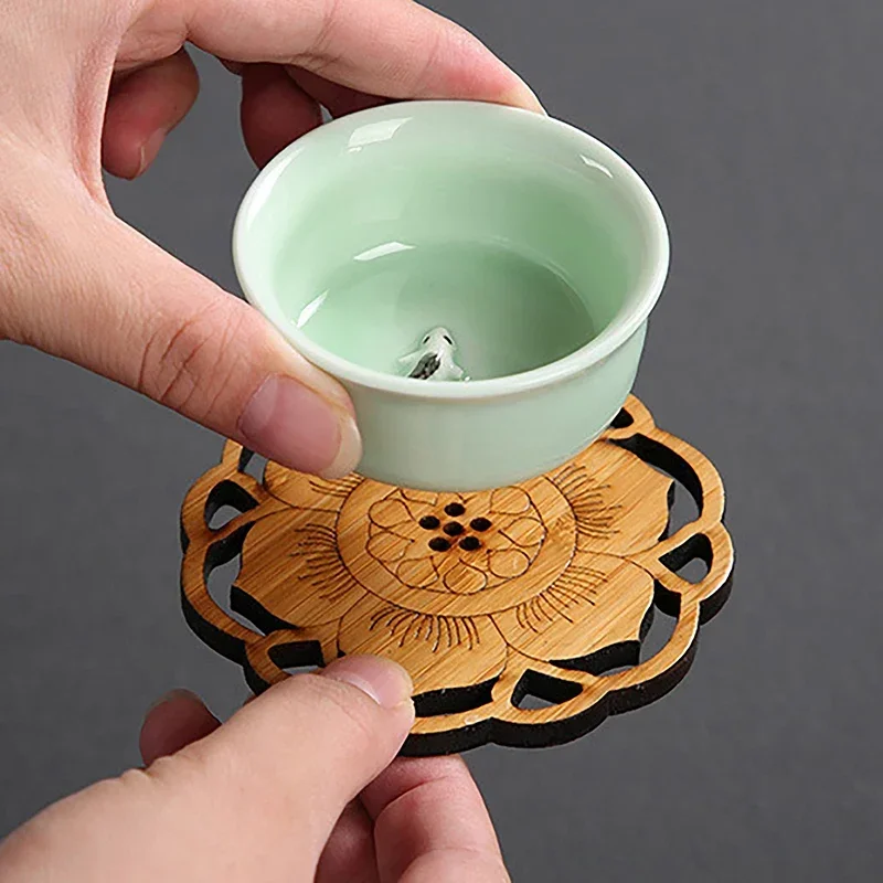 

Bamboo Wooden Tea Cup Mat Anti Scalding Heat Retro Exquisite Thick Lotus Tea Set Accessories Coaster Table Decoration