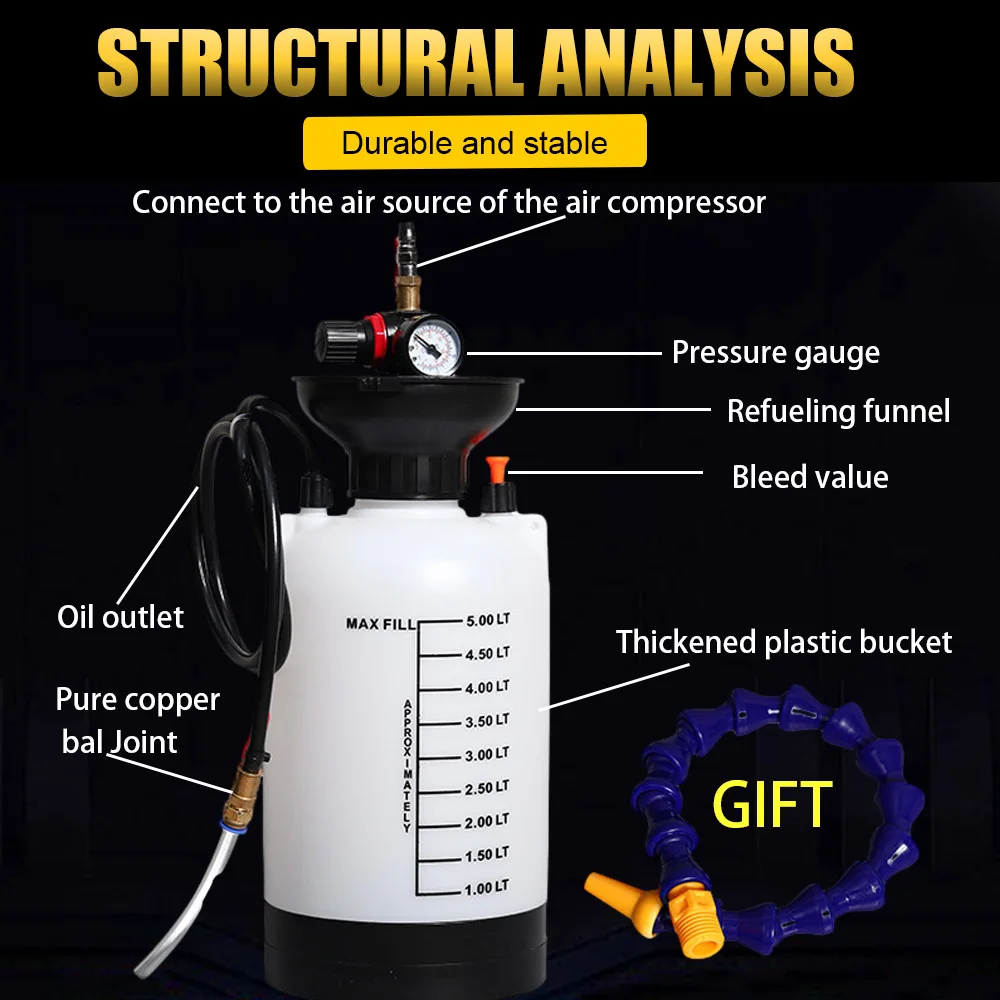 Pneumatic Car Brake Fluid Injector 5L Auto Oil Change Tools Automotive Engine Gear Oil Brake Fluid Reservoir Replacement Syringe