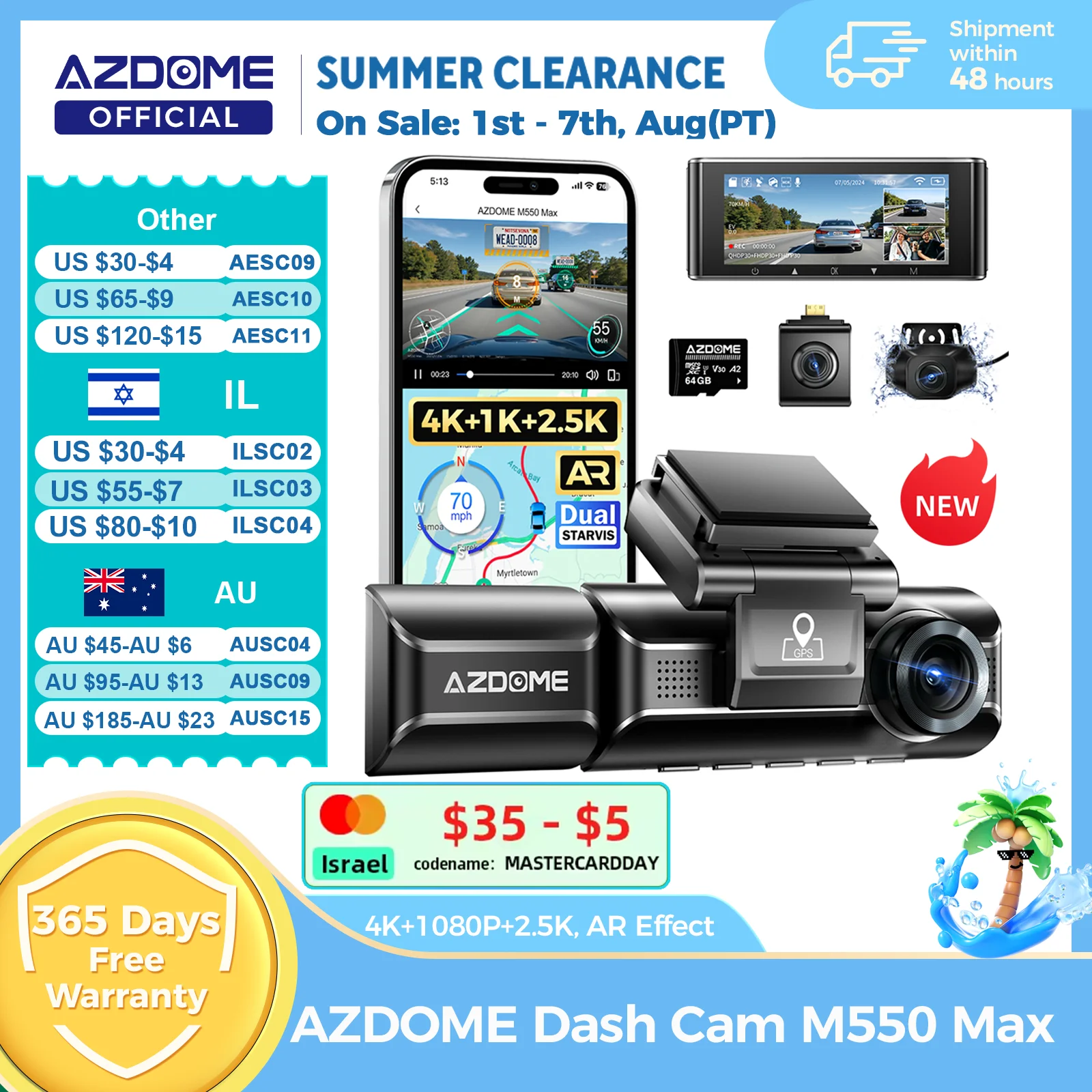 AZDOME M550 맥스 대시캠 4K+1K+2.5K 내장 GPS WiFi 150도 시야각 차량용 카메라 24시간 주차 모니터링 야간 시야 대시캠