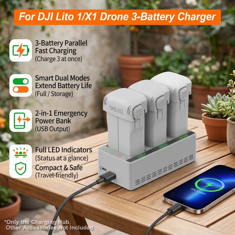 3-Kanal-Zwei-Wege-Ladehub für DJI Lito 1/X1 Drohne, schnelles Ladegerät, Powerbank mit Typ-C-Kabel, Drohnenzubehör