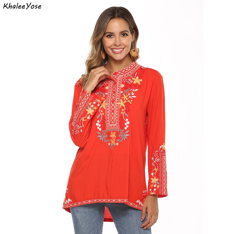 KHALEE YOSE Red Floral Embroidery Blouses Shirt Cotton Spring Boho Mexican Shirt Short Sleeve Women 23xl Ethnic Hippie Shirt top