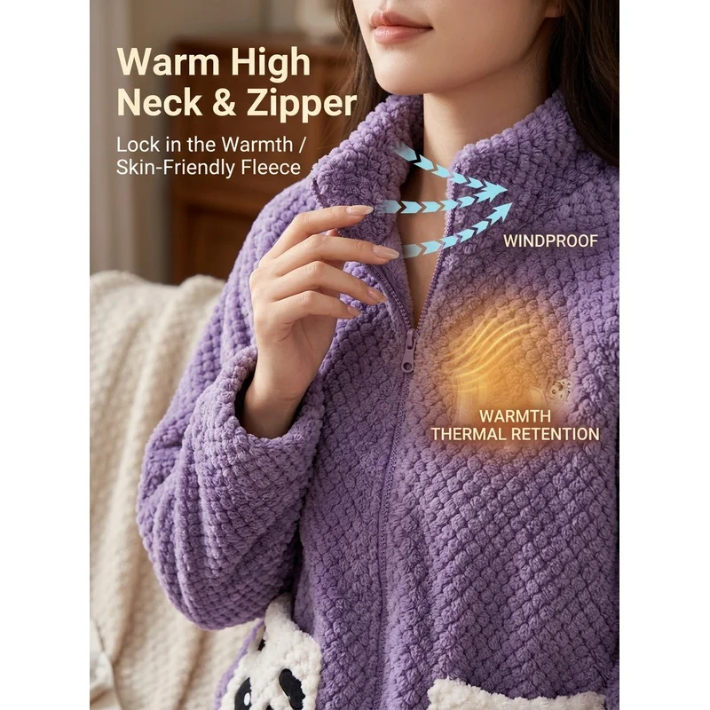 Women's Purple Coral Fleece Pajama Set, Zip Front Stand Collar Top with Panda Pockets and Long Pants Soft Warm Cozy Comfy Winter