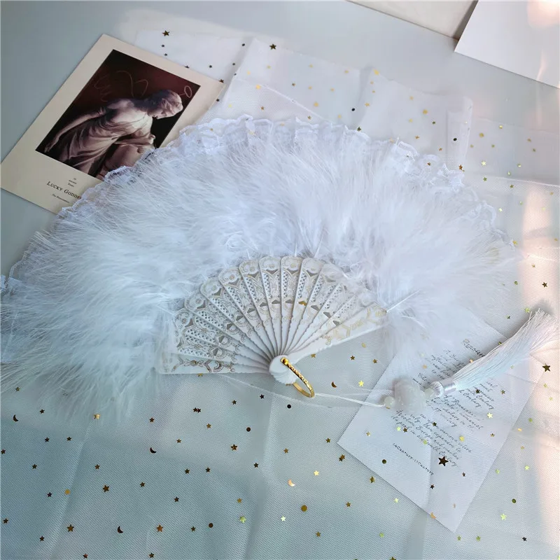 Feather Lace Folding Fan Lolita Feather Folding Fan Japanese Sweet Fairy Dark Gothic Court Dance Hand Fan Wedding Party Decor