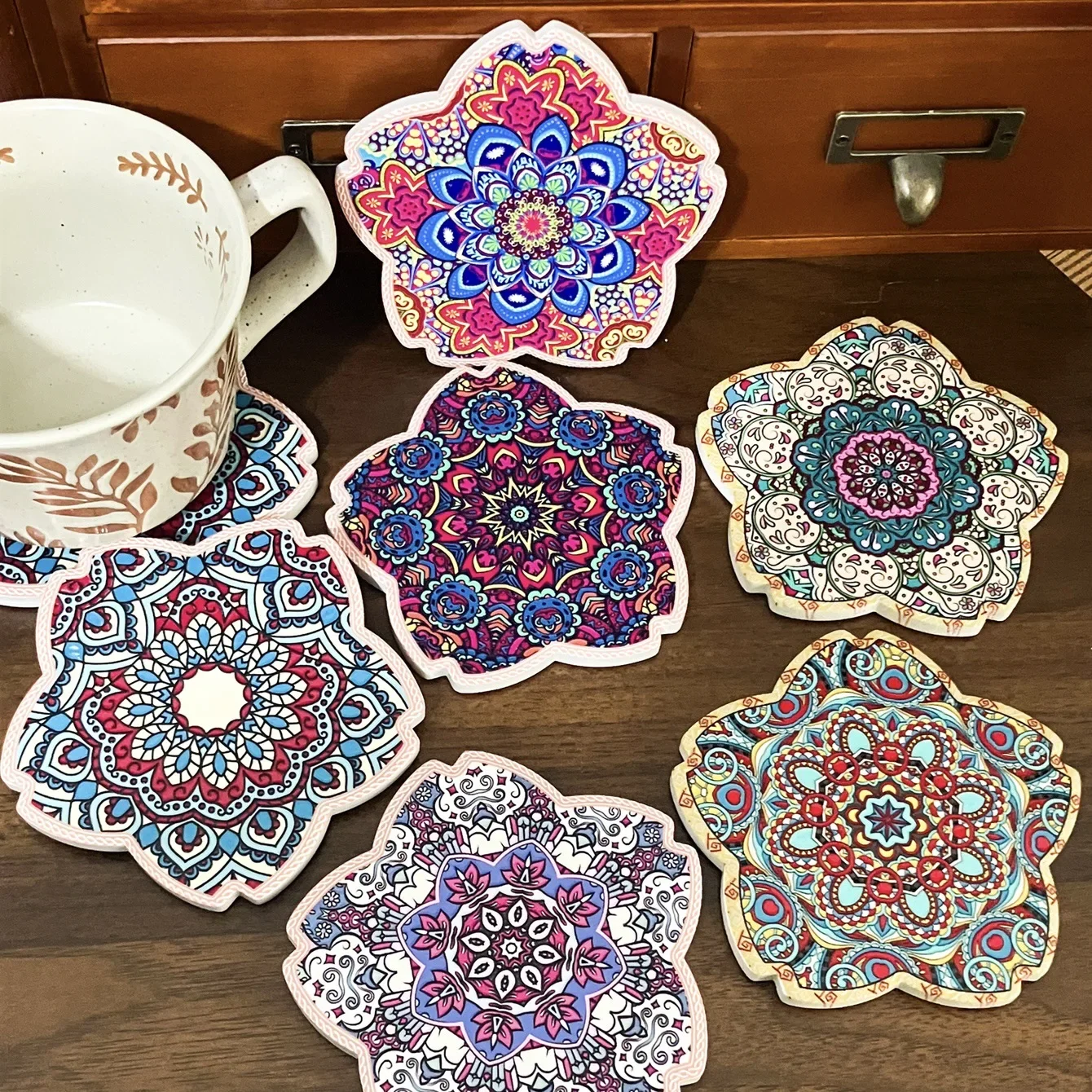 

Mandala-Inspired Ceramic Coasters With Cork Backing Waterproof Flower-Shape Chic Table Mats For Home Coffee Dining Tables Decor