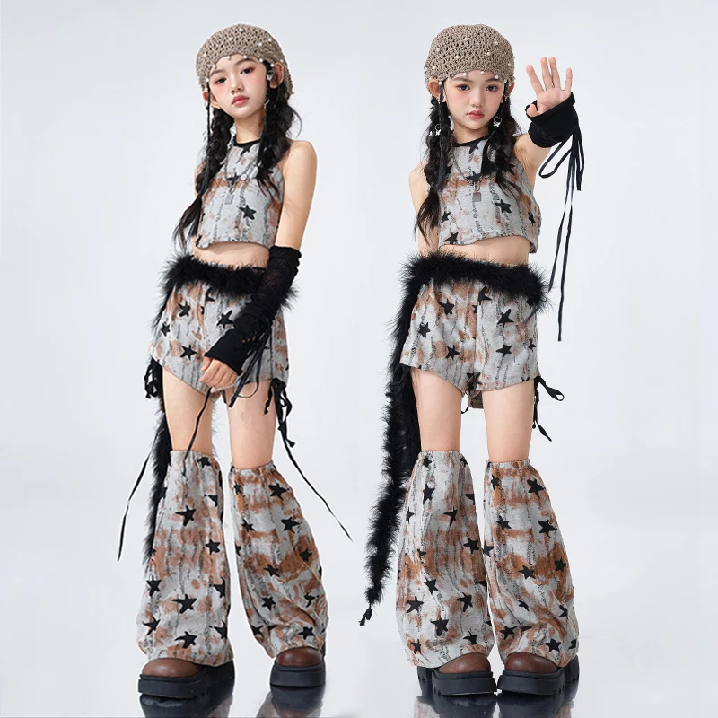 

Summer New Jazz Dance Costume Children Trendy Suit Girl Kpop Stage Outfit Star Crop Top Shorts Hip Hop Street Dance Wear AMY2167