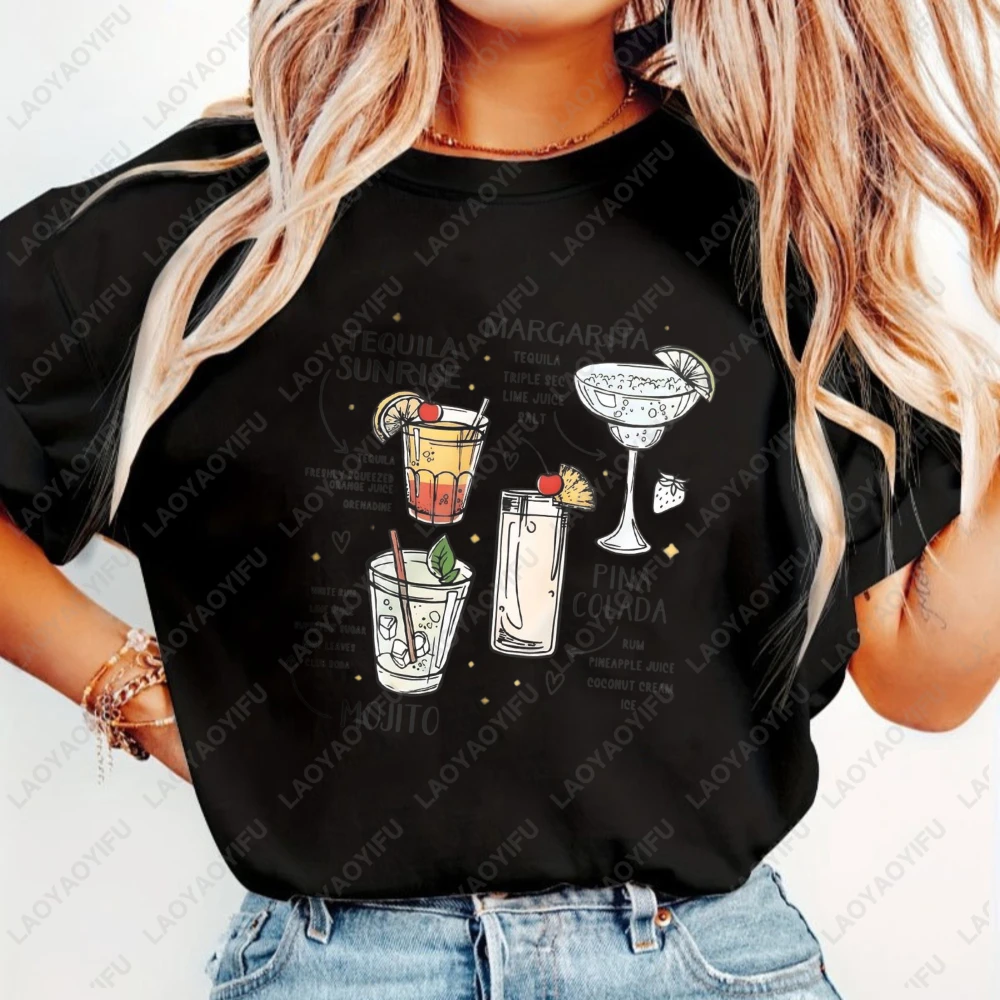 

Classic Cocktails Illustration Tshirt Cotton Casual Bar Lover Tee Mojito Margarita Pina Colada Tequila Sunrise Daily Wear