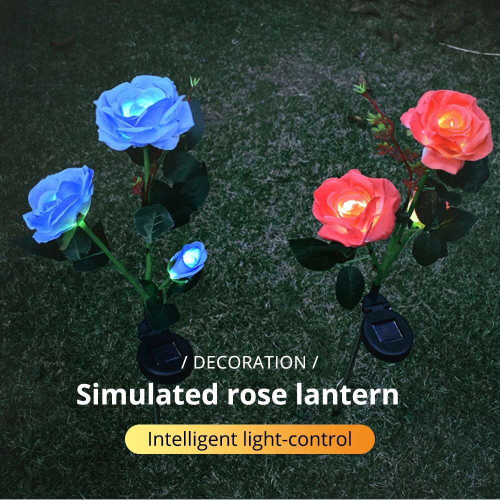 Solar LED Light Simulated Rose Flower 3 Head Garden Night Lamps Landscape Home Yard Lawn Fairy Christmas Decoration Waterproof