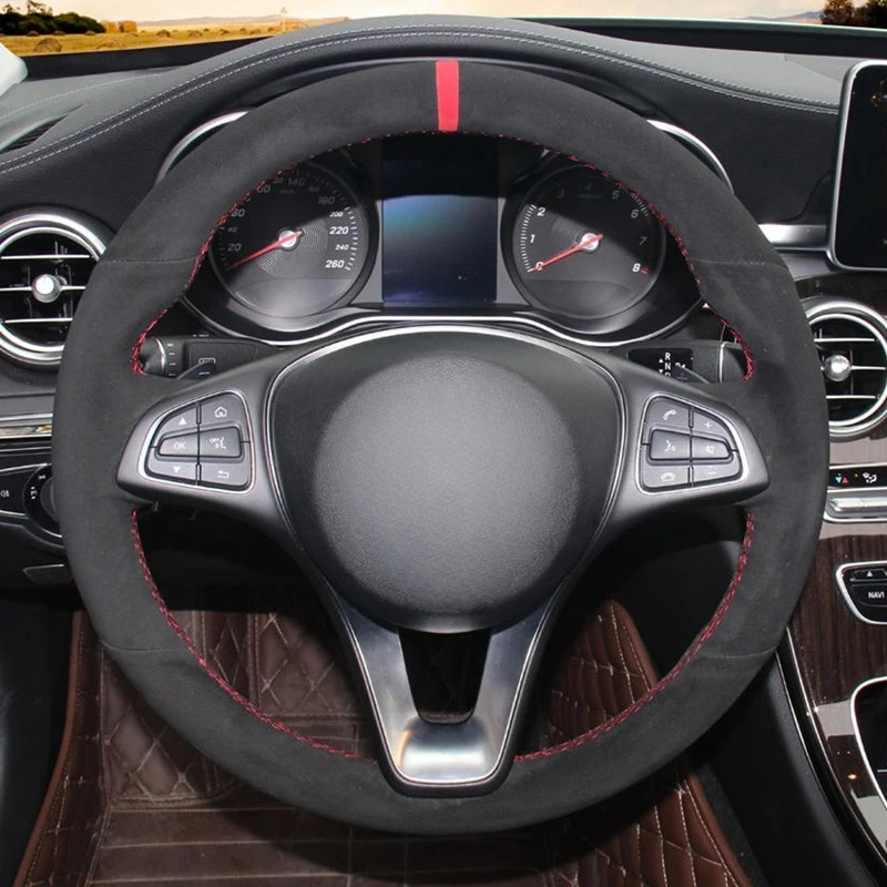 DIY Hand-stitched Black Suede Red Marker Car Steering Wheel Cover for Mercedes Benz C180 C200 B200 C260 C300