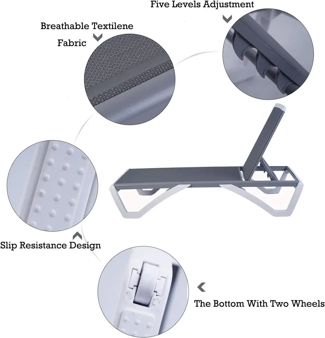 Silla ajustable reclinable para exteriores para tomar el sol, playa, patio, juego de salón o mesa de patio (textileno gris sin mesa)