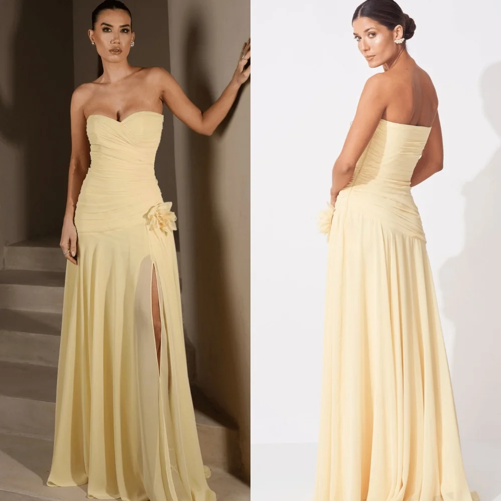 

Customized Fashion Simple Chiffon Handmade Flower Pleat Straight Strapless Long Dresses Bespoke Occasion Dresses Classic Sexy