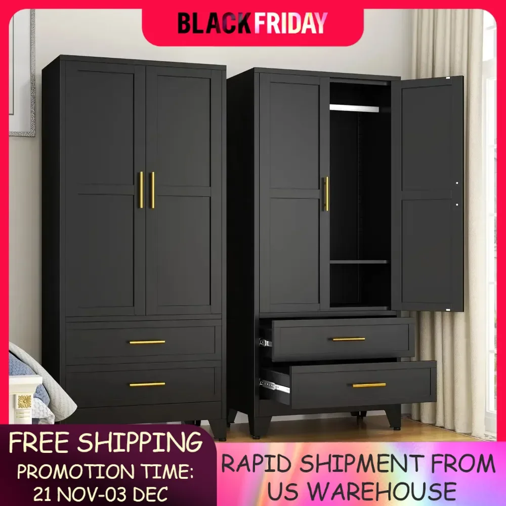 

Wardrobe.Steel Armoire Wardrobe Closet, 71" Metal Clothing Storage Cabinets With 2 Doors, 1 Adjustable Shelf And 2 Drawers, Meta