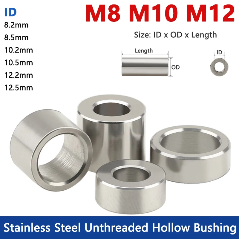 M8 M10 M12 Stainless Steel Bushing Washer Round Hollow Unthreaded Standoff Spacer Gasket Sleeve OD 12/14/16/20mm Length 1-20mm