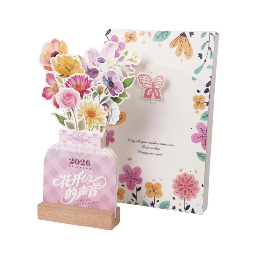 

Wooden Base 2026 Desktop Calendar Detachable Base Vase Shaped Monthly Planner Date Display Floral Theme Standing Calendar