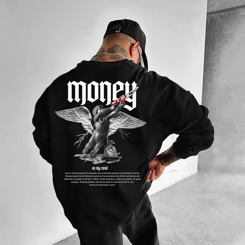 

100% Cotton Money On My Mind Print Y2k Crew Neck Sweatshirts for Men | Long Sleeve Casual Pullover Sweatshirt Unisex