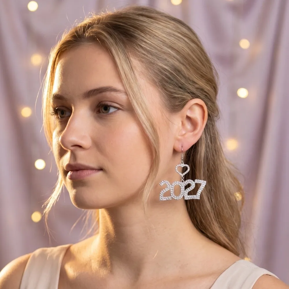 Elegant 2027 Digital Earrings Long Drop Hollowed-out Fashion Happy New Year Earrings Heart-Shaped Rhinestone