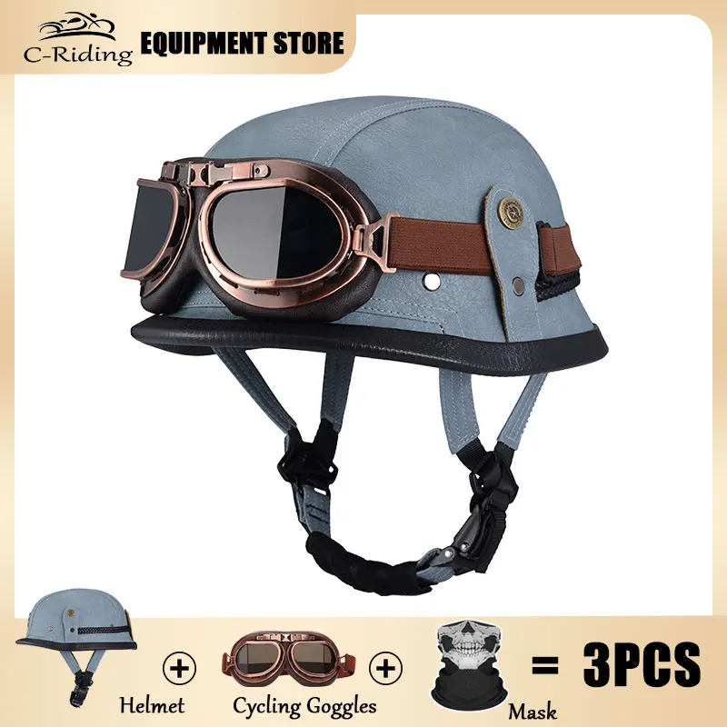 

Fashion Blue Retro Helmet Summer Breathable Sun Protection Lightweight Helmet Leather Vehicle casco para moto para mujer