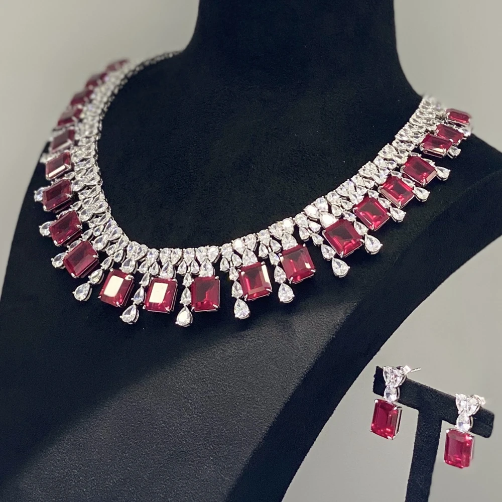 

KQDANCE Heavy Craft Luxury Lab Synthetic Red Ruby Tennis Necklaces Women's Earrings Silver 925 Jewelry Sets For Party Gifts