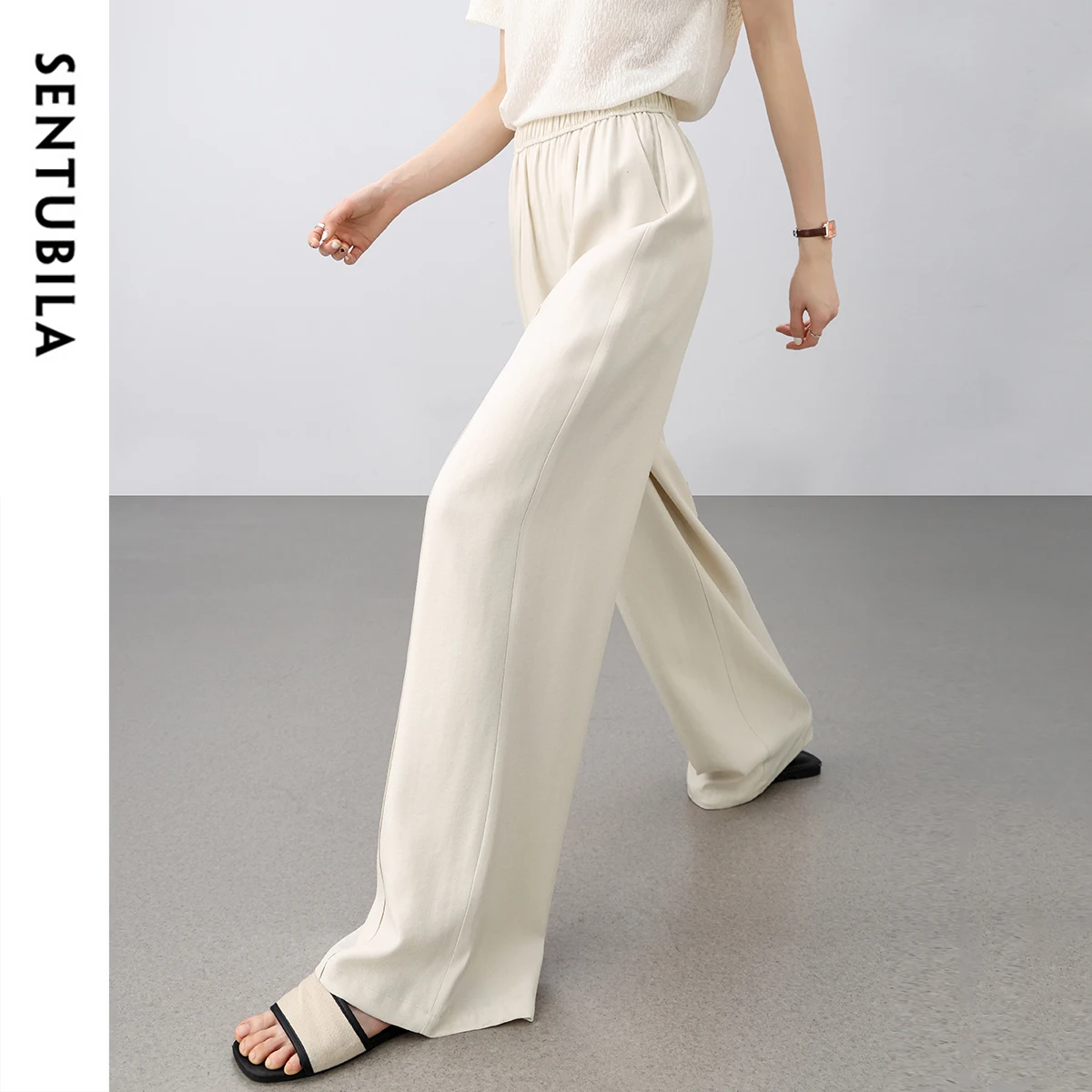 SENTUBILA Straight Linen Blend Women Pant 2025 Casual High-waist Solid Comfort Full-length Trousers Female Clothes 152K80122