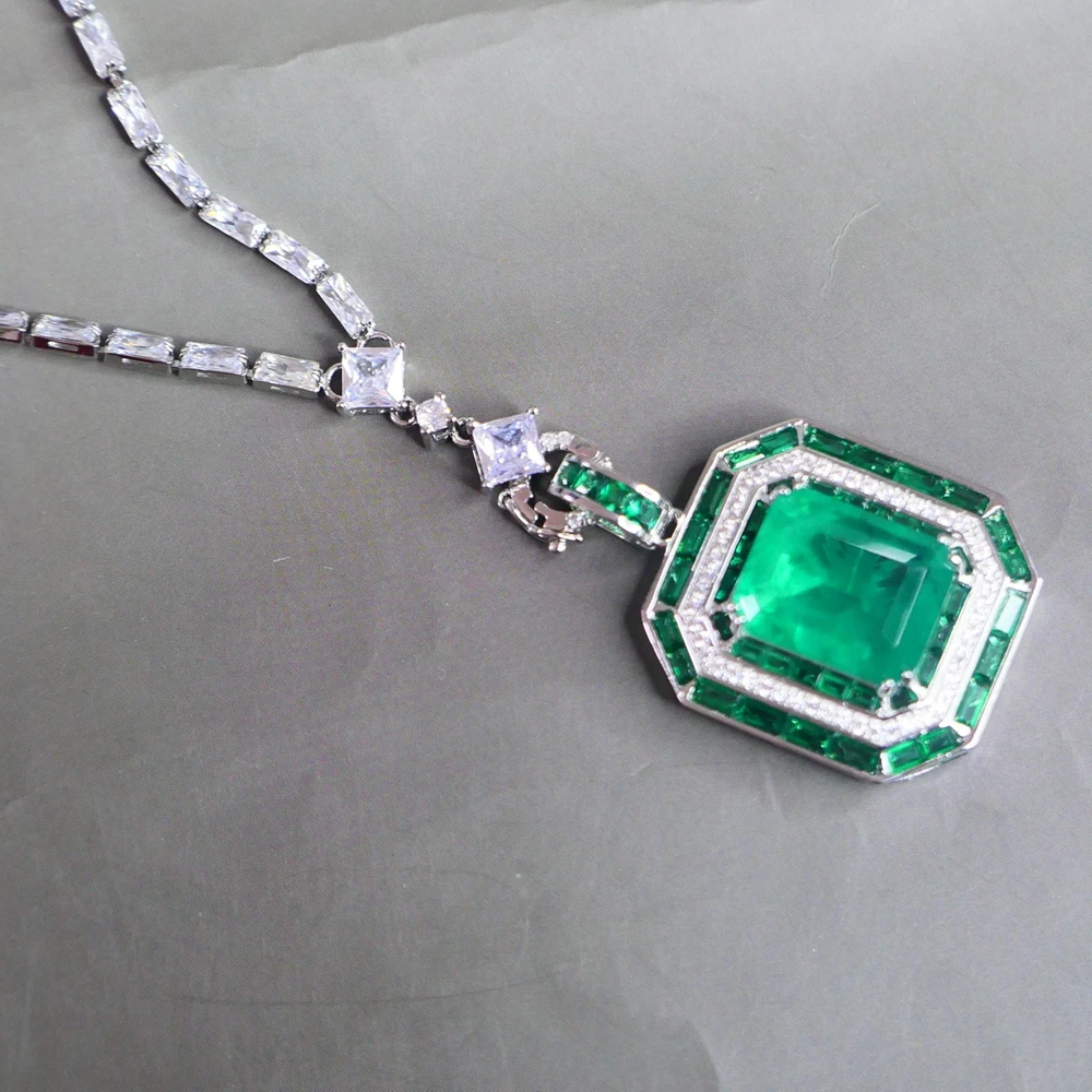 KQDANCE Rectangle 12*16mm Lab Green Gem Emerald Red Ruby Diamond Pendants Zircon Tennis Chain Necklace Luxury Jewelry For Women