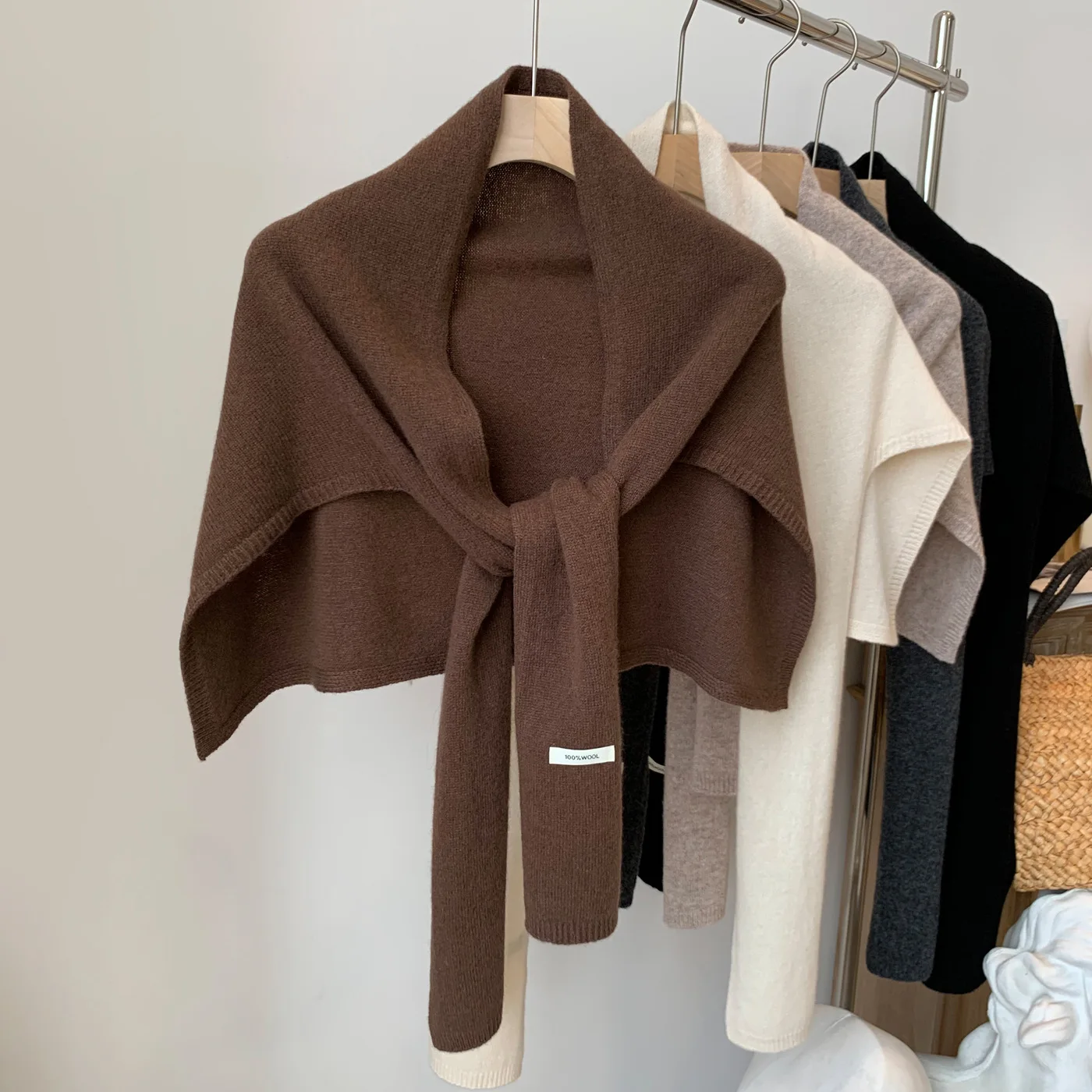 100% Australian Wool T Shape Knitted Shawl for Women, New Autumn Warm Neck Protector Cardigan Wrap All Match Outer Scarf Cape