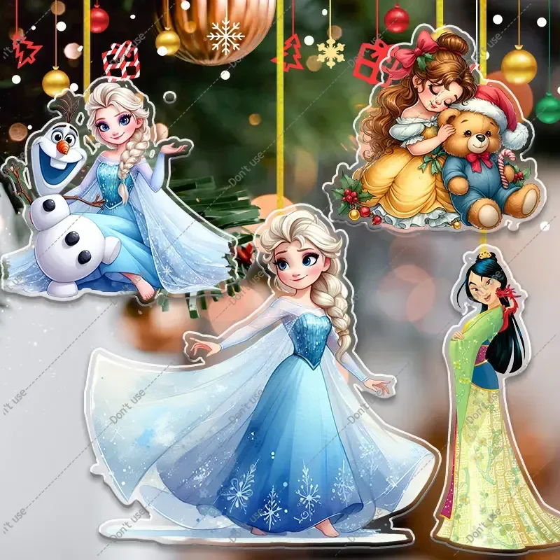 8cm Princess Elsa Cute Style Double Sided Transparent Acrylic Hanging Christmas Tree Golden Rope Belle Ariel Ornament Gift