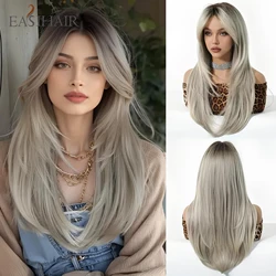 Gray Layered Synthetic Wigs for Women Long Straight Hair Wigs With Bangs Natural Hair With Dark Roots Daily Party Heat Resistant