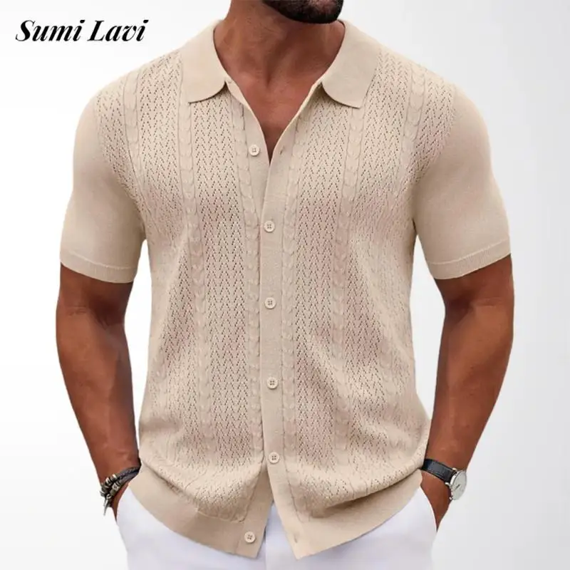 

2026 Summer Casual Mens Knit Cardigans Vintage Solid Color Short Sleeve Buttoned Lapel Shirt Tops Men Fashionable Knitted Shirts