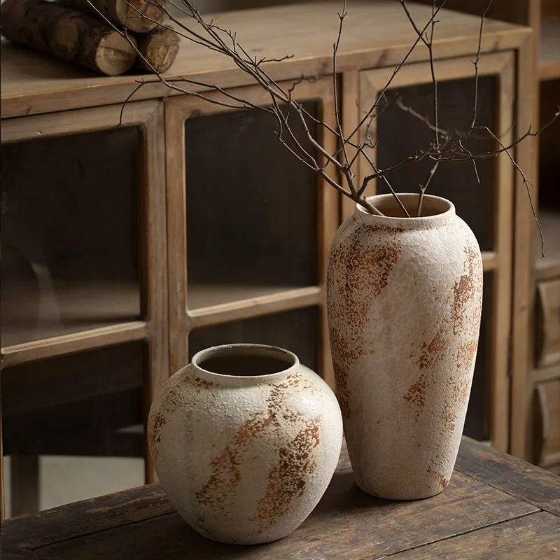 For Vintage Distressed Ceramic Vase, Rustic Pottery Jar for Entryway & Living Room Decor