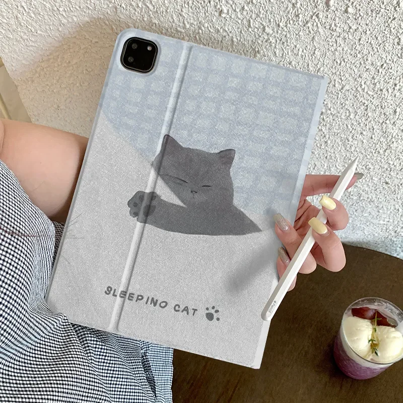 

Синий мультяшный чехол-книжка с котиком в клетку для iPad 11 Air 7 6 5 4 Pro 9 8 (A16) — милый креативный защитный чехол