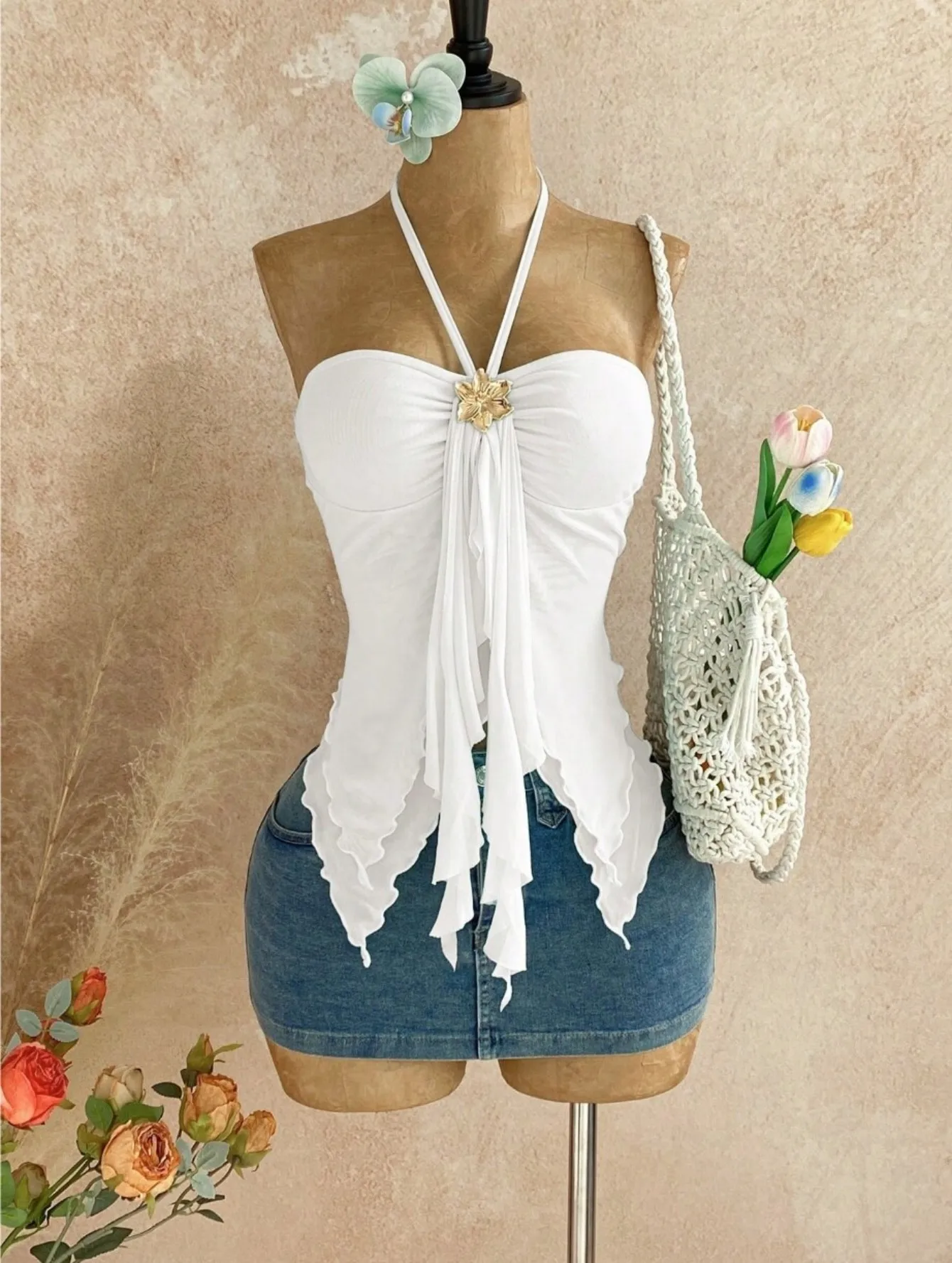 Women Halter Strapless Ruched Front Tie Ruffled Irregular Hem Slim Fit Cami Top Casual Going Out Fashion Top