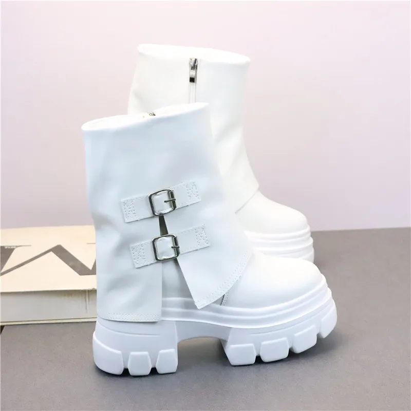 

Ботильоны без шнуровки 12 см, ботинки на платформе, женские модные ботинки на танкетке 2025 года, женские мотоциклетные зимние ботинки из натуральной кожи