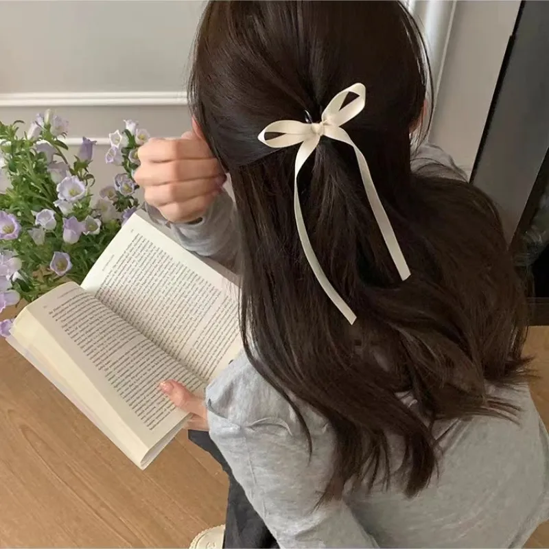 2Pcs Y2K Long Bow Hair Clip Women Girls Ribbon Bow Shark Clip Cute Korean Long Tassel Ribbon Hairpin Girls Hair Accessories