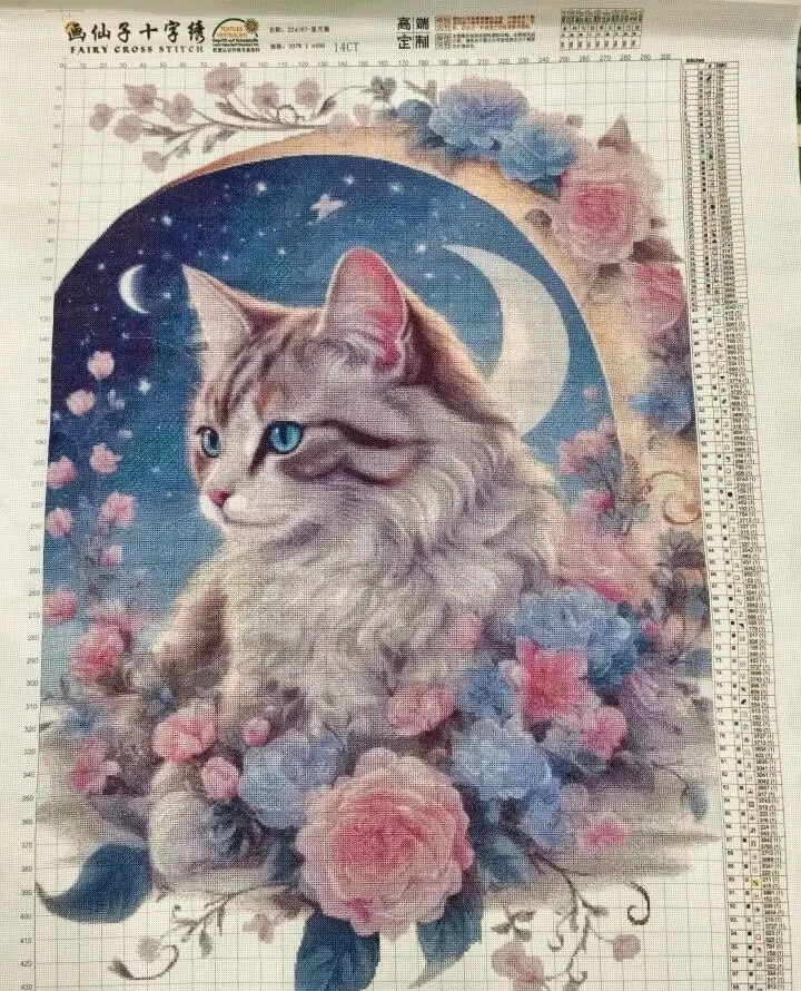 14CT 16CT Star Moon Cat Pre-Printed Cross Stitch DIY Embroidery Set Handicraft Floss Needle Crafts 166Colors