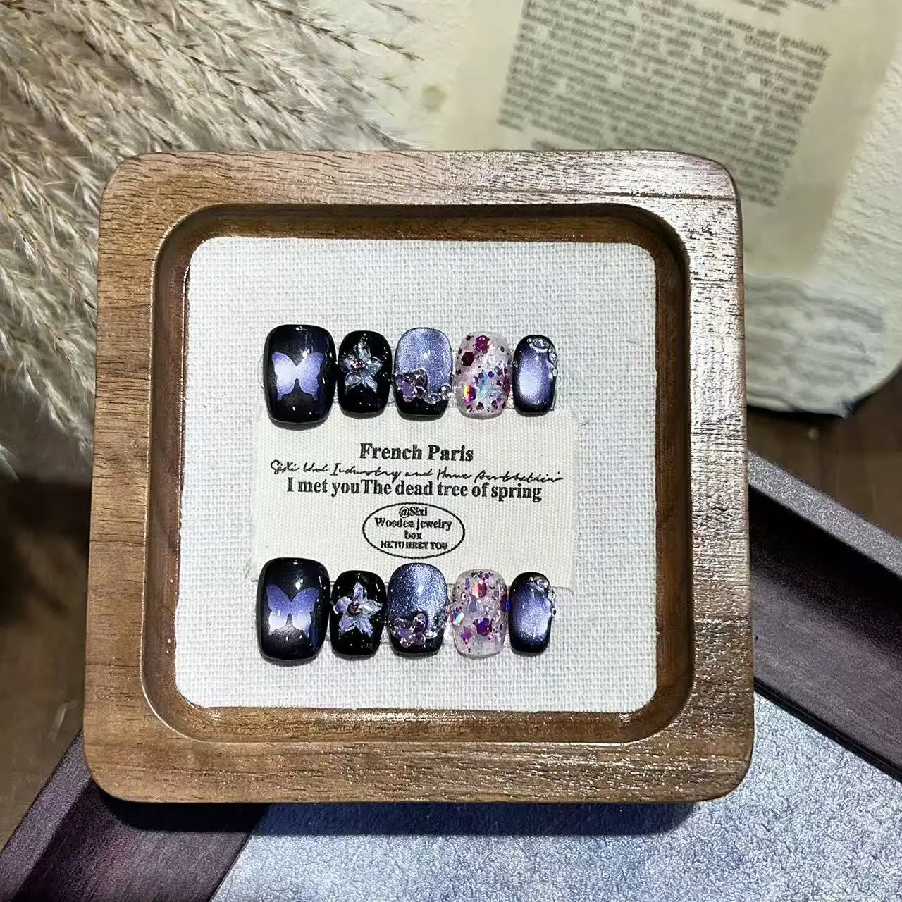 

10PCS Luxury Short Square Handmade Press on Nails Sweet Cool Purple Cat Eye Butterfly Flower False Nails Glitter Sequin Manicure