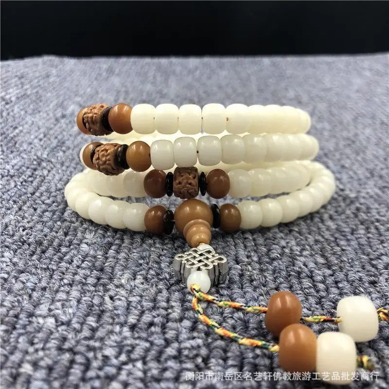 108White Corypha Umbraculifea Pieces Barrel Bead Bracelet with Rudraksha Models Tibetan Silver Pendant Beads Bracelet