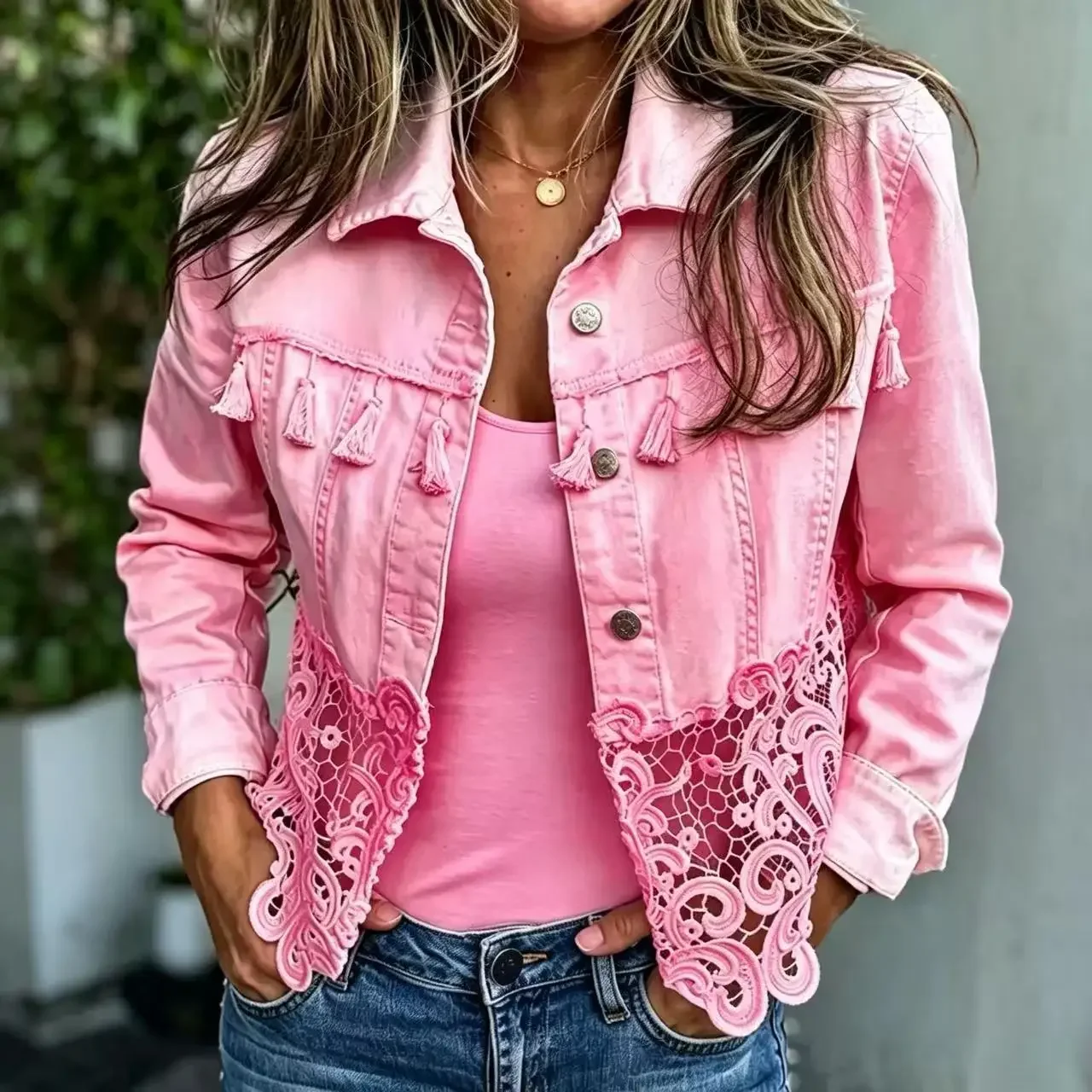 Women Denim Coats Tassel Hollow Out Splice Turn Down Collar Jackets Single Breasted Full Sleeve Y2k Streetwear Work Casual