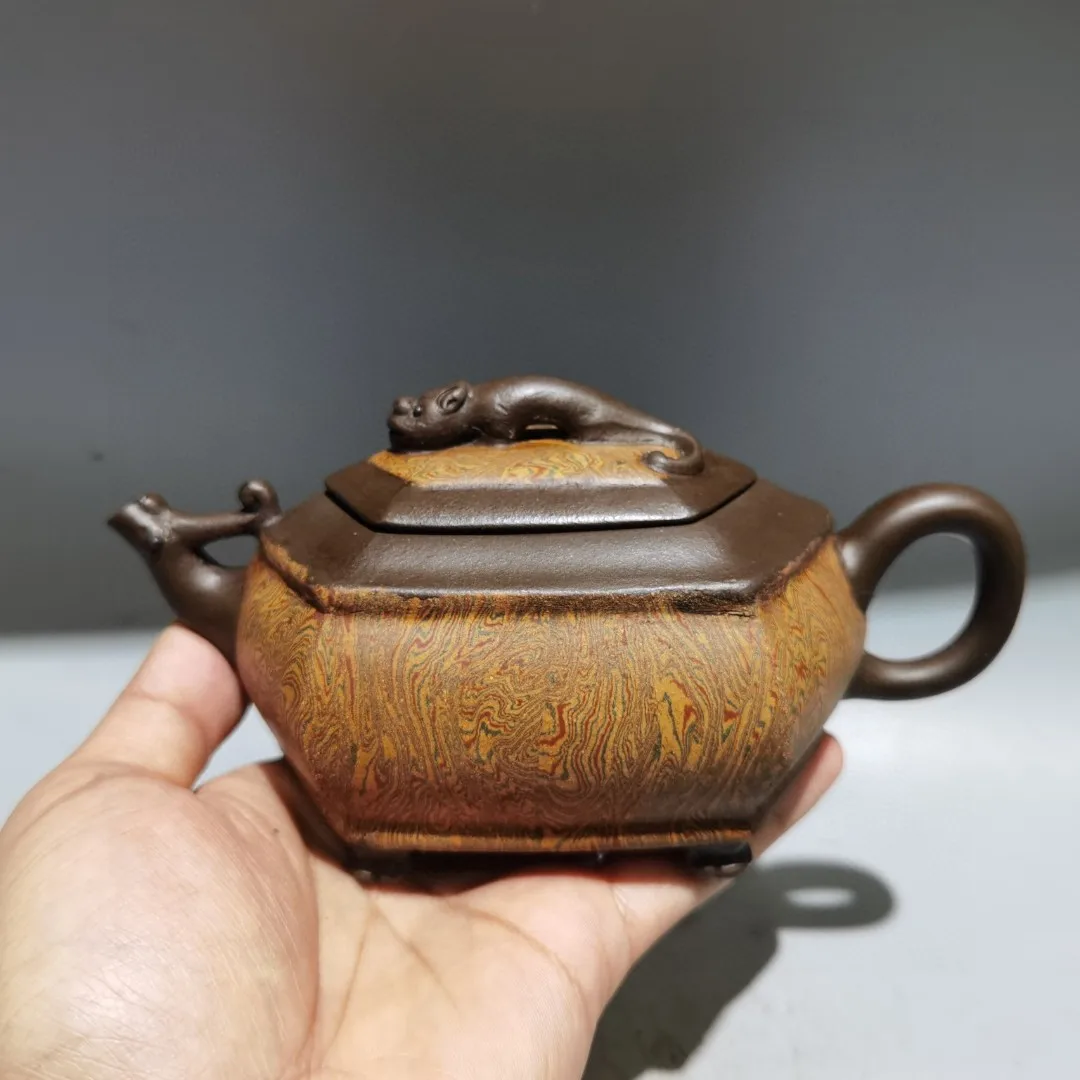 Old Chinese Handicraft Enameled YiXing Zisha (red stoneware) Teapot,Six-sided,with mark, Free shipping