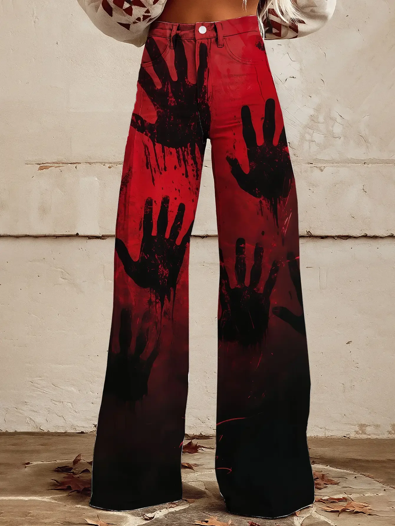 

Ladies' printed geometric pattern wide leg imitation jeans lightweight casual pants ,Artistic style, quality and workmanship,