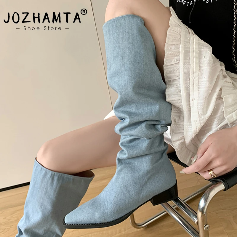 JOZHAMTA Size 34-39 Women Knee Boots Chunky Mid Heels Shoes Woman Winter 2023 Pointed Toe Jeans Blue Casual Dressy Long Boots