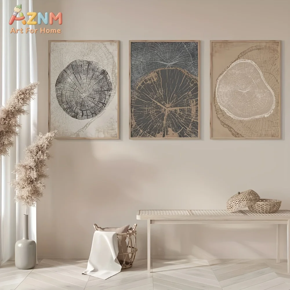 AZNM Modern Wabi Sabi Abstract Tree Ring Wood Slice Canvas Wall Art, Neutral Beige Black Nature Tree Growth Ring Print Poster, U