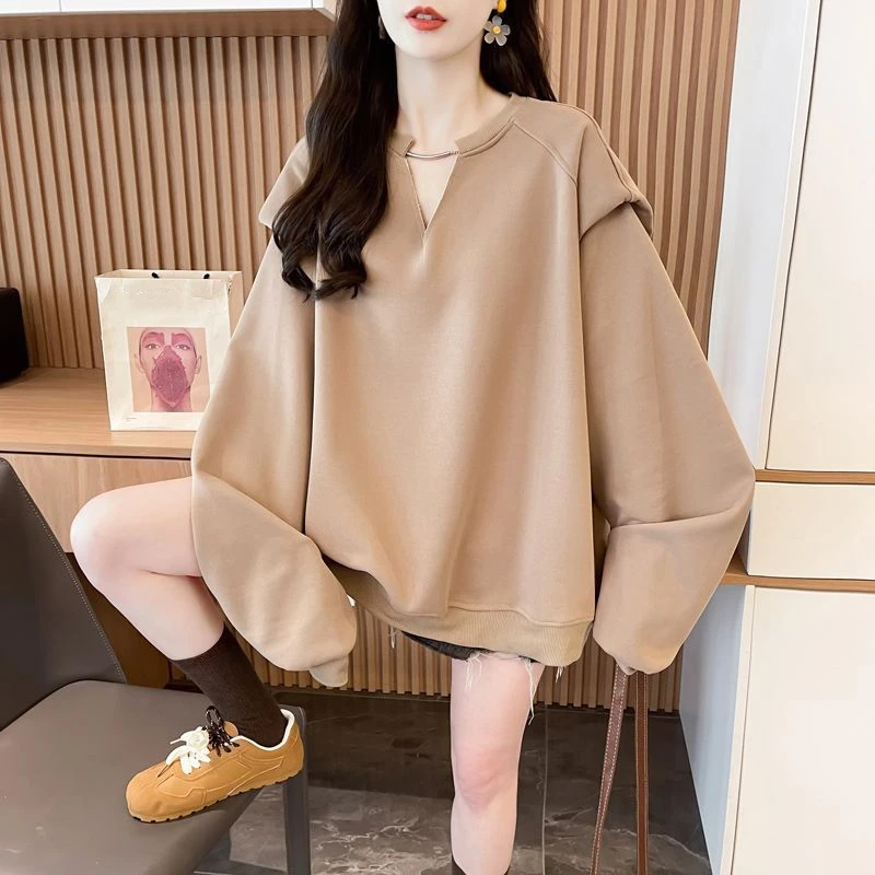 

Корейские модные осенние женские однотонные толстовки с v-образным вырезом большого размера, повседневные свободные толстовки с заниженными плечами и пышными рукавами, однотонные пуловеры