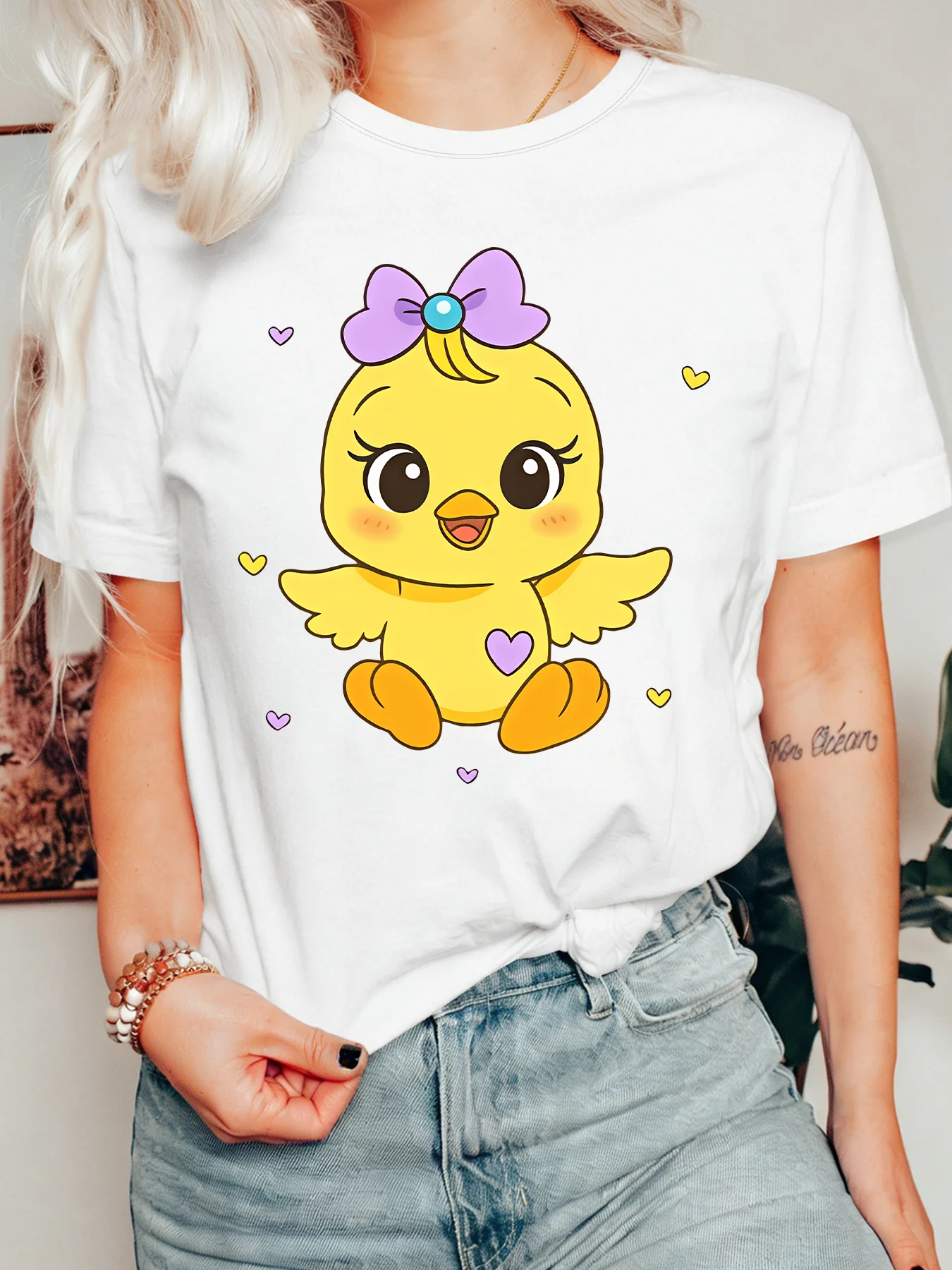 Cute Bow Little Chick Womens Crew Neck Short Sleeve T Shirt Sweet Heart Cartoon Baby Bird Lovely Casual Graphic Tees For Ladies