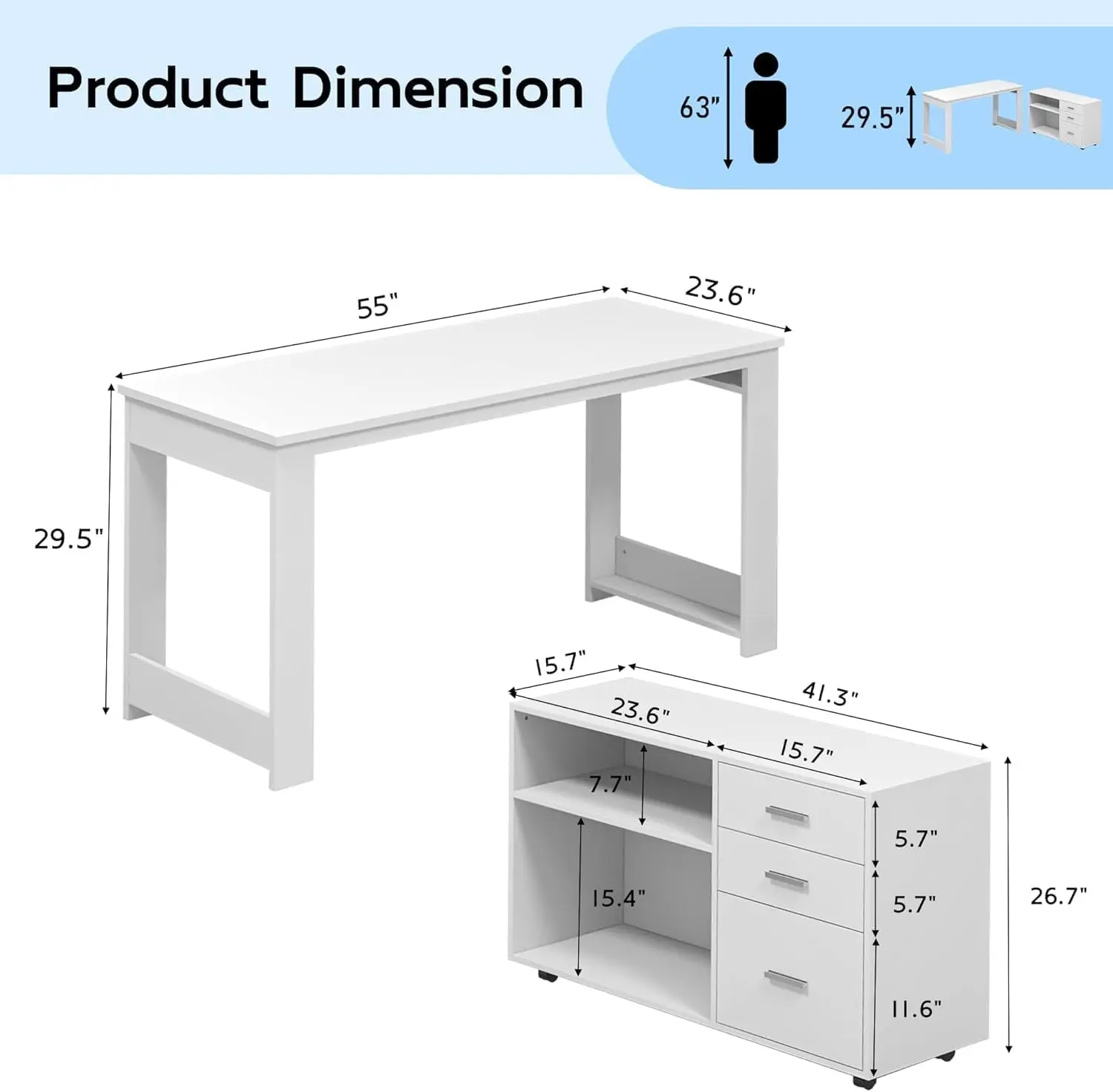 MU 55inch White L Shaped Desk, Corner Computer Desk with 3 Drawers and 2 Shelves, Writing Office Table with Storage File