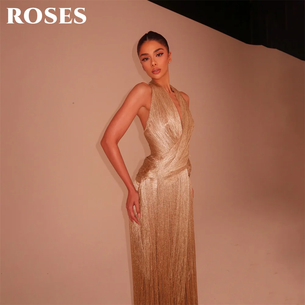 ROSES Champagne Party Dresses Halter Neck Sleeveless Evening Dresses with Tassel A Line فساتين السهرة for Wedding Customized - view 6