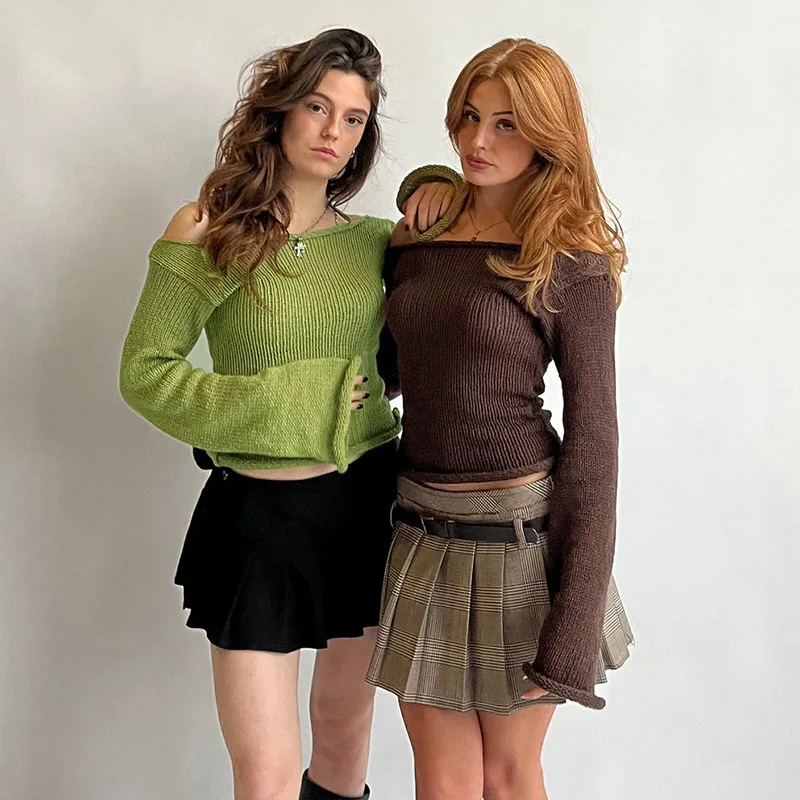 

Combhasaki женские осенне-зимние вязаные пуловеры с расклешенными длинными рукавами и открытыми плечами, однотонный облегающий трикотаж, джемпер, свитер, топы